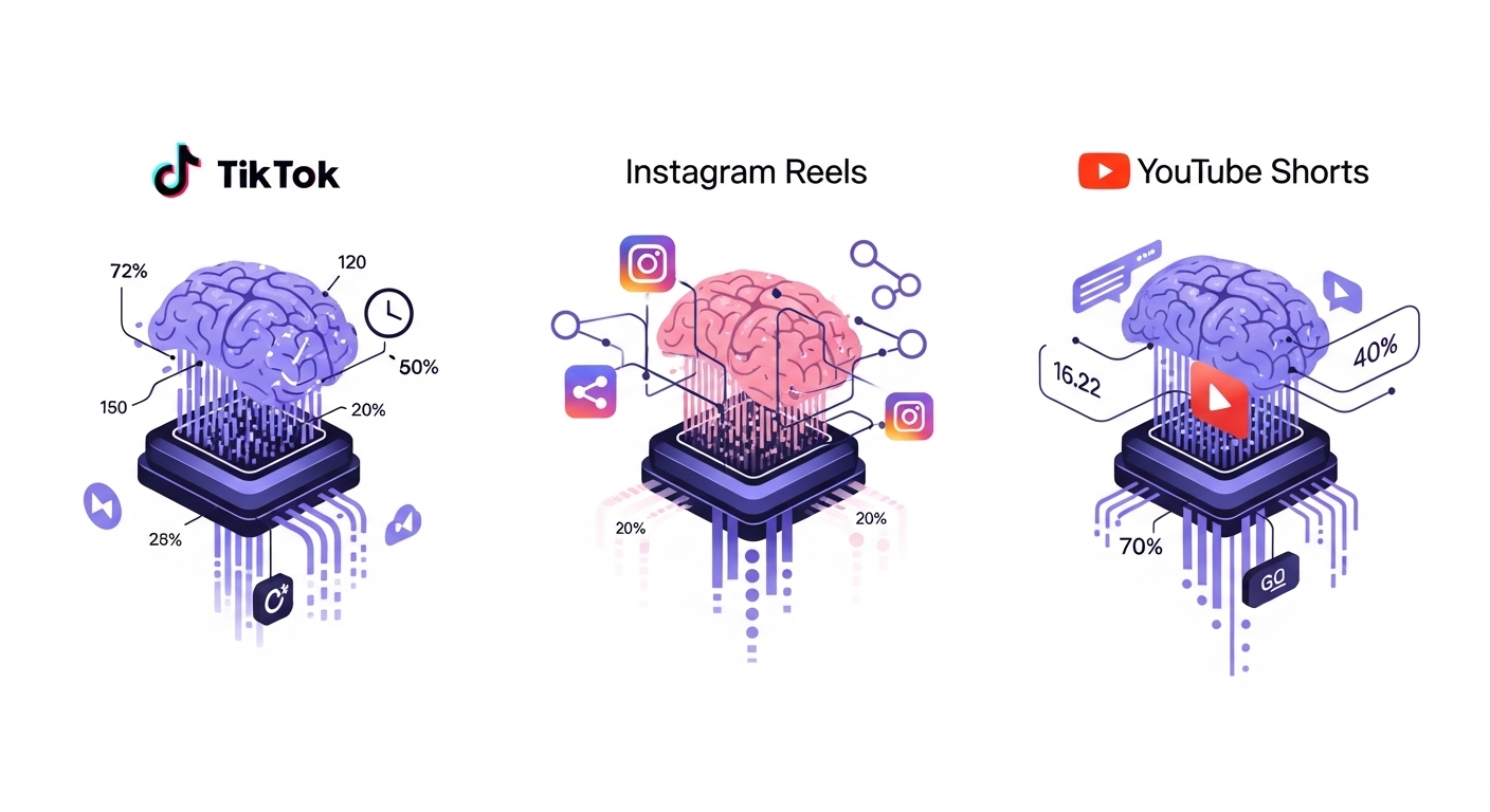 Three distinct, stylized digital brains or abstract data processing cores, each representing a social media algorithm: one for TikTok (focused on short, looping content, perhaps with a clock or loop symbol), one for Instagram Reels (focused on connection and sharing, with linked lines or sharing icons), and one for YouTube Shorts (focused on immediate decision-making, with a 'play' button or 'stop/go' symbol). Data streams flow into each, showing different outputs or engagement metrics. Modern, clean, infographic style.