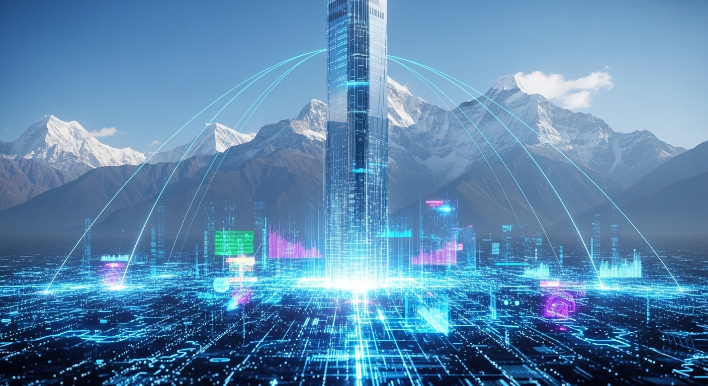 Skyscraper Technique in Nepal: SEO & Content Strategy 1 A futuristic digital skyscraper emerging from a vibrant content landscape, with the majestic Himalayan mountains in the background under a clear sky, symbolizing growth and digital dominance in Nepal.