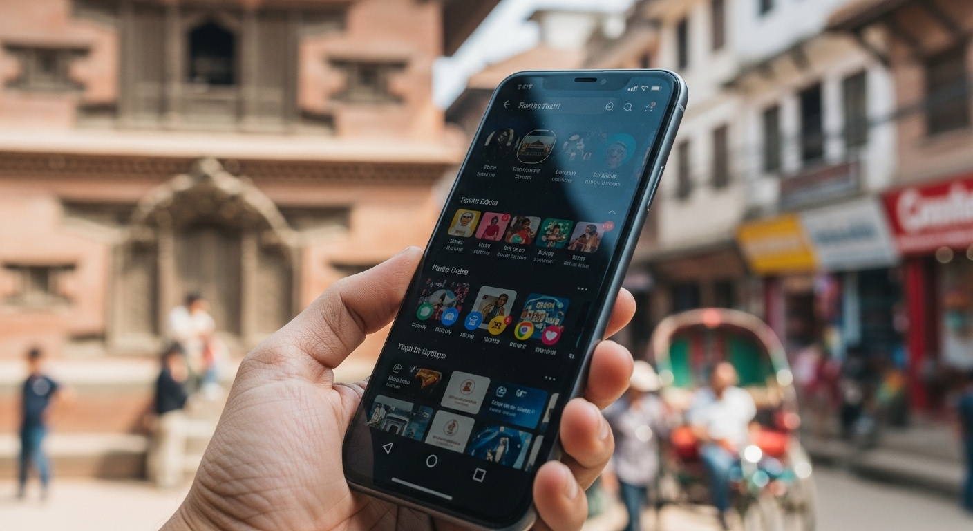 A vibrant, modern smartphone held by a hand, displaying social media feeds or digital content, with a subtly blurred background featuring traditional Nepali architecture or the bustling streets of Kathmandu. The image should symbolize the mobile-centric digital revolution in Nepal, highlighting connectivity and a blend of old and new.