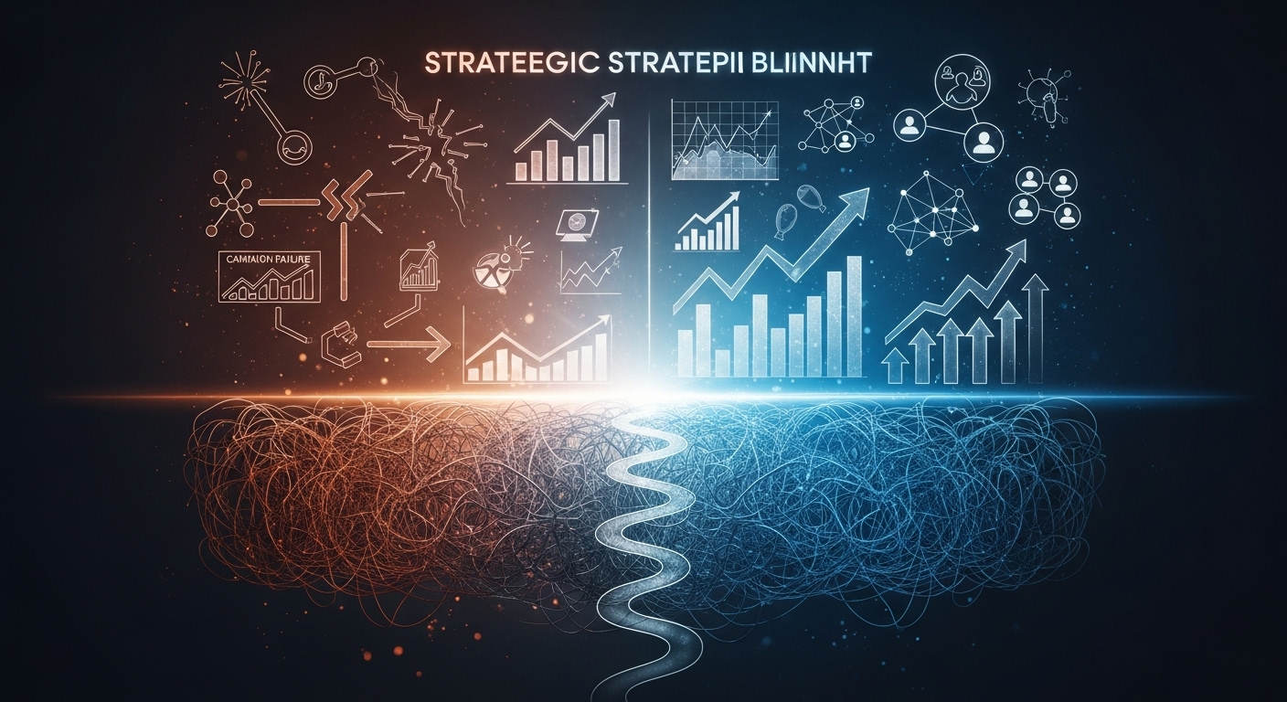 A visually striking contrast, depicting a clear, illuminated strategic blueprint emerging from a chaotic, tangled digital and social media landscape. On one side, symbols of campaign failure (broken connections, dead ends, wasted resources) are present, while on the other, elements of success (growth charts, connected networks, thriving communities) are integrated with a path forward. The image should convey a sense of clarity, strategic direction, and transformation.