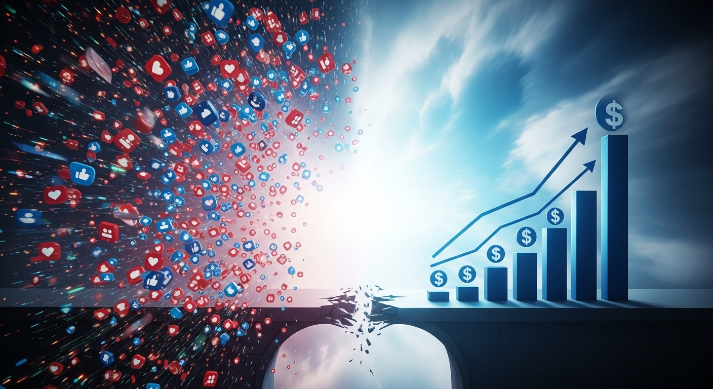A striking visual contrast: on one side, a chaotic storm of vibrant, fleeting digital 'likes', 'hearts', and 'follower' icons swirling around an empty void. On the other side, a clear, ascending bar graph with solid financial symbols (dollar signs, upward trend lines) representing measurable business growth, with a broken bridge or disconnected pathway between the two sides. Emphasize the illusion of success versus tangible results, digital art.