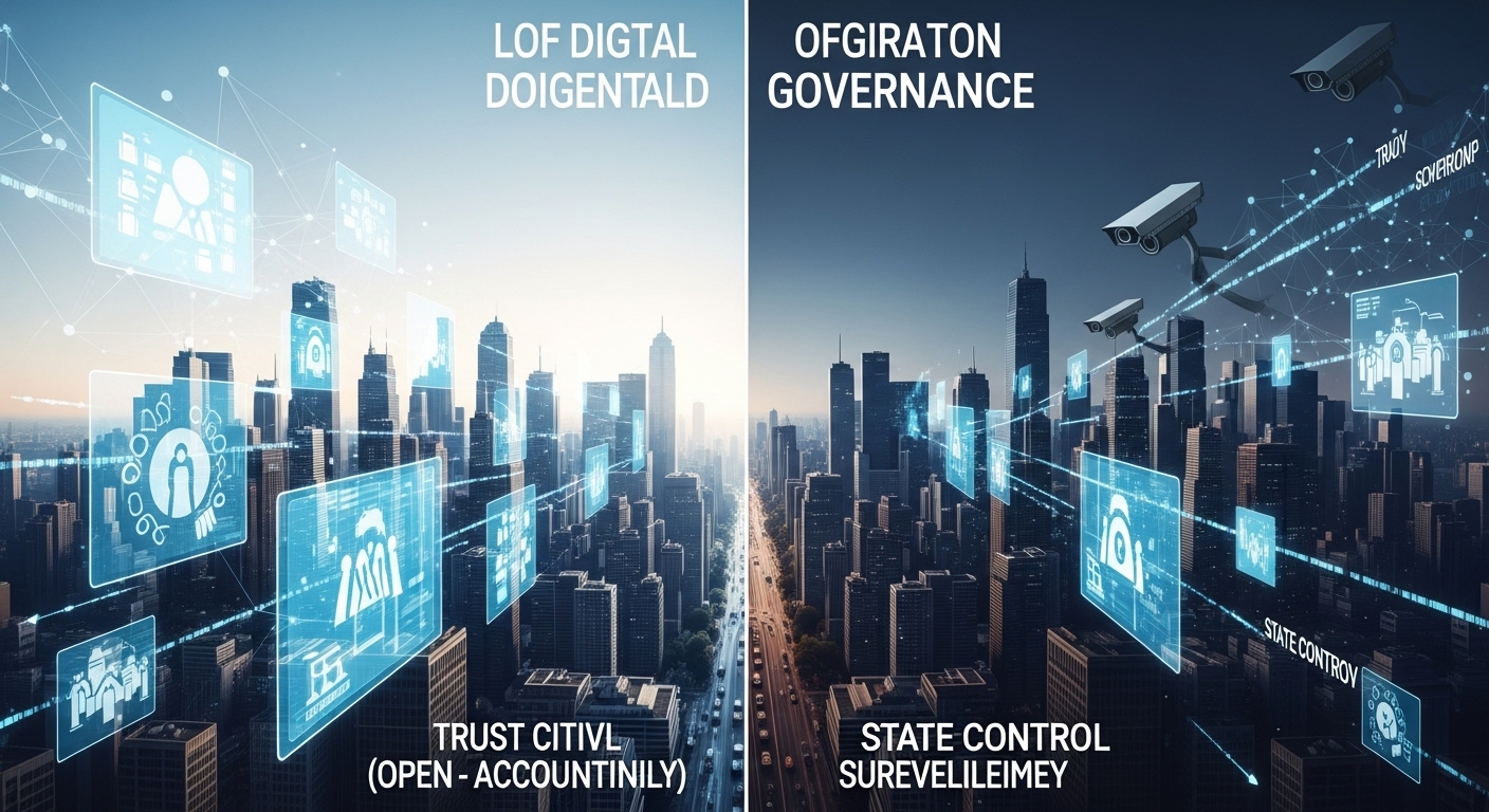 A split image depicting the paradox of digital governance. On one side, a bright, interconnected city skyline with transparent digital screens showing open data and civic engagement, representing trust and transparency. On the other side, the same city skyline with subtle, hidden surveillance cameras and digital information flowing into shadowy, centralized servers, representing state control and surveillance. Futuristic, slightly contrasting lighting.