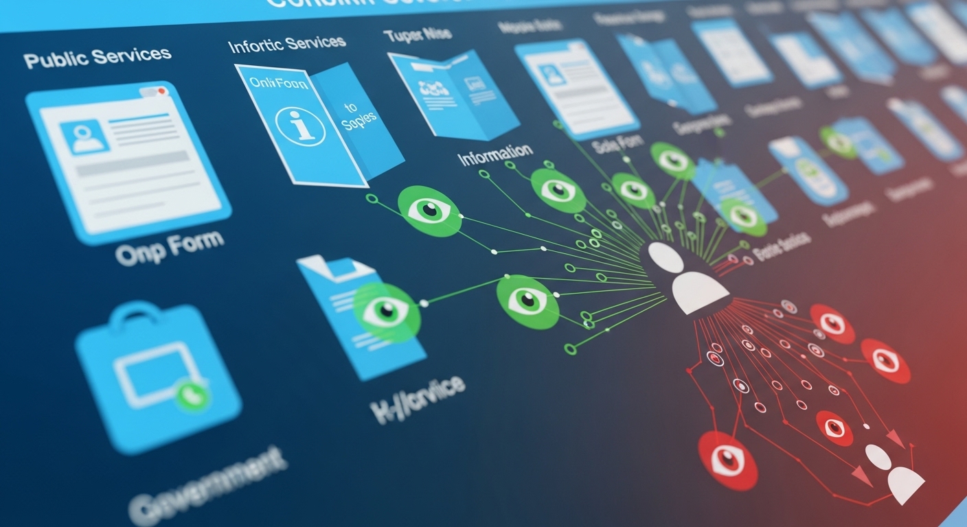 A conceptual image showing a digital interface transforming. Initially, it displays user-friendly public services (forms, information). As you look closer, the interface subtly morphs into a network of surveillance eyes or data collection points, with digital trails leading away from a user into an unseen, controlling entity. Use a palette that shifts from hopeful blue/green to a more muted, potentially unsettling grey/red. Emphasize the idea of tools turning into traps.