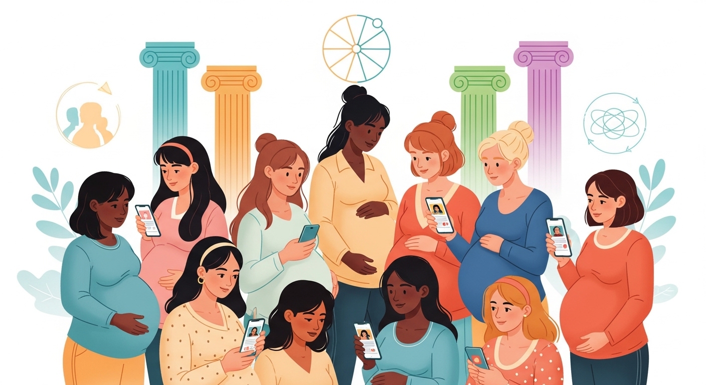 A vibrant and warm illustration depicting a "safe harbor" concept for expectant and new mothers on TikTok. Show a diverse group of pregnant women and new mothers of various ethnicities, body types, and backgrounds interacting positively. They are holding mobile phones displaying a TikTok-like interface with positive content. Subtle elements include four symbolic, brightly colored pillars supporting a cohesive community, and a gentle, circular "flywheel" movement or intertwining connections indicating growth and strong community bonds. The overall mood should be supportive, empathetic, inclusive, and forward-looking, with a clean, modern aesthetic.