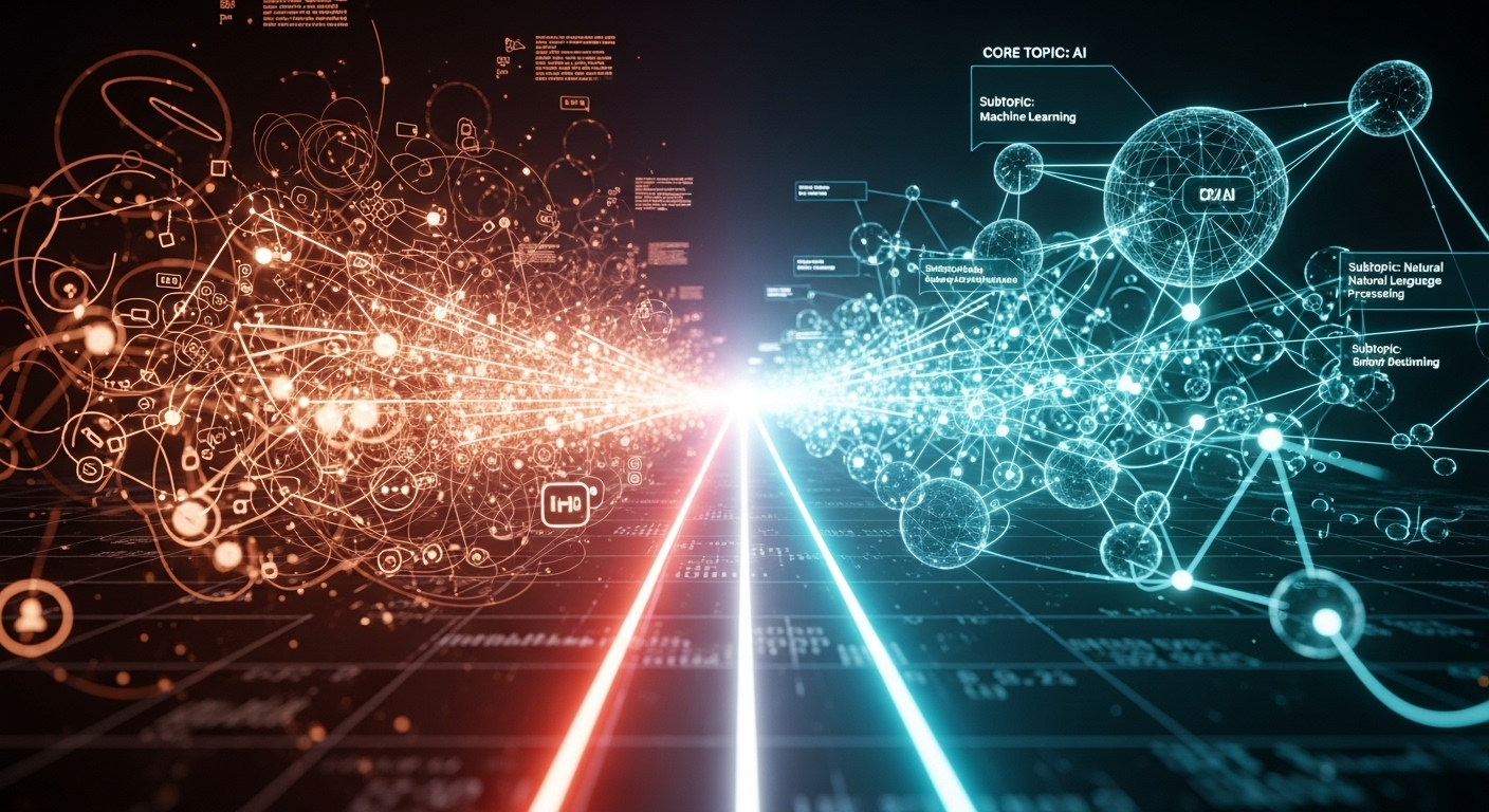 A futuristic, organized digital content architecture with interconnected nodes and clear pathways, contrasting with a chaotic, tangled web of scattered information. The scene depicts a clear, glowing path emerging from the chaos, symbolizing the transition from traditional, scattered blogs to a structured, efficient topic cluster model. Digital art, high detail, symbolizing intelligence and clarity.