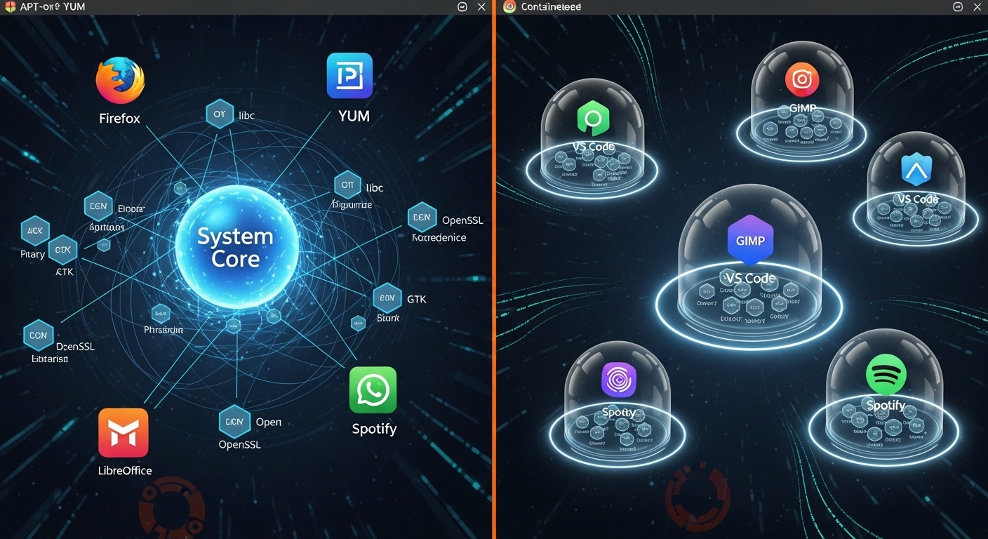 Conceptual image illustrating the differences between traditional Linux package management (like APT) and modern containerized package management (like Snap and Flatpak). On one side, show interconnected libraries and a central system. On the other, show isolated, self-contained application bubbles running securely. Use a futuristic, digital art style, with Ubuntu branding subtle in the background.