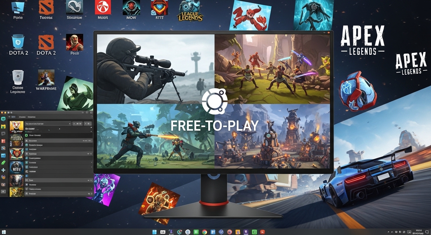 A vibrant, dynamic collage of diverse free-to-play video games running on an Ubuntu desktop environment. Include elements representing different genres like tactical FPS, MOBA, RTS, and racing. Show the Ubuntu desktop interface subtly, with various game icons or screenshots artistically blended into the background. Emphasize the 'free-to-play' aspect with a sense of accessibility and variety.
