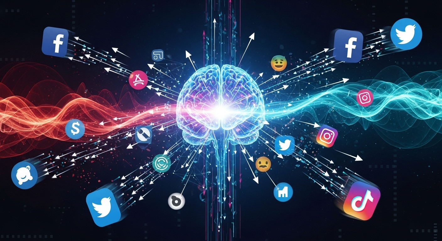 Stylized human brain connected to a network of glowing digital arrows and social media icons, symbolizing viral content spread. Include abstract representations of emotions and cognitive biases. Dynamic, vibrant, tech-futuristic style.