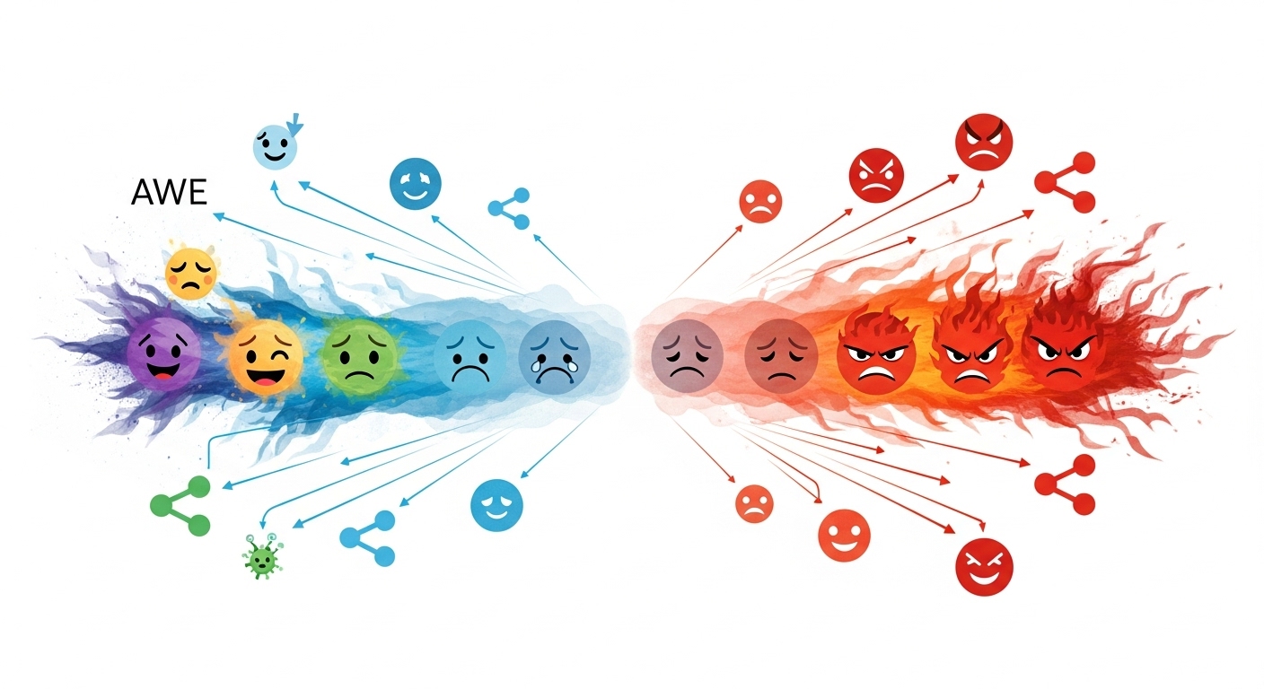 An infographic-style illustration depicting a spectrum of human emotions. On one side, show vibrant, energetic representations of high-arousal positive emotions like awe and joy, connected by dynamic lines to symbols of sharing and virality. On the other side, show intense, fiery representations of high-arousal negative emotions like anger and anxiety, also connected to sharing symbols. In contrast, in the middle, depict subdued, calmer representations of low-arousal emotions like sadness and contentment, with faint or no connections to sharing. The overall image should convey the concept that emotional arousal, regardless of valence, drives social transmission. Use a clean, modern, slightly abstract design.