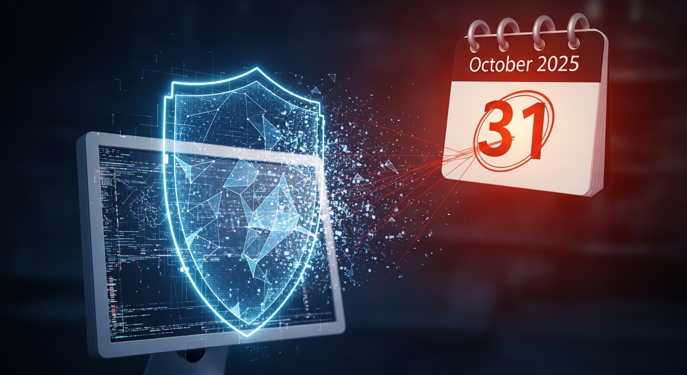 An abstract image representing digital vulnerability and an approaching deadline. Perhaps a fading digital shield over a computer, with a calendar icon highlighting October 2025 in the background, implying growing risk.