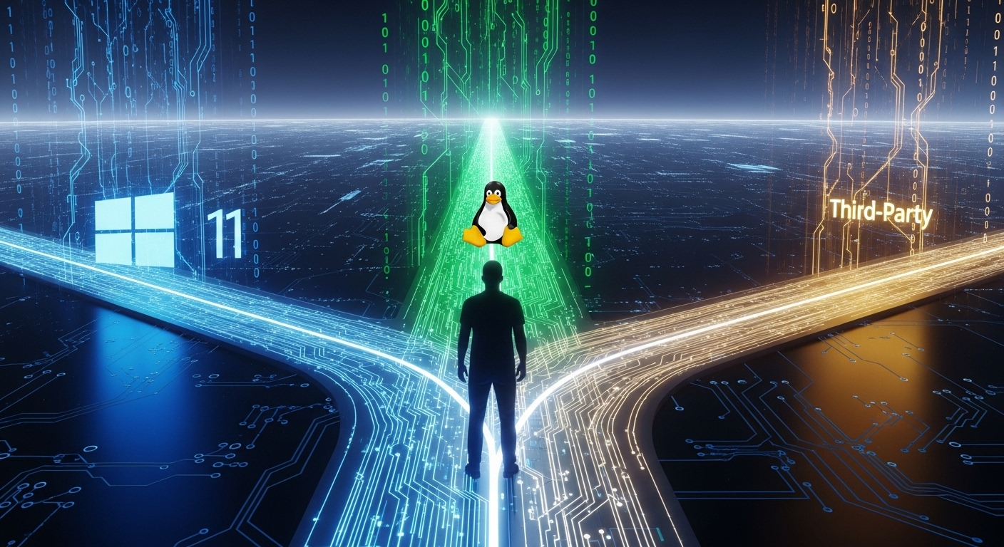 An image depicting a digital crossroads or a decision point, with multiple diverging paths representing different operating system options like Windows 11, Linux, and a more ambiguous 'third-party' route. Include a silhouette of a person looking at the choices, symbolizing a strategic decision.