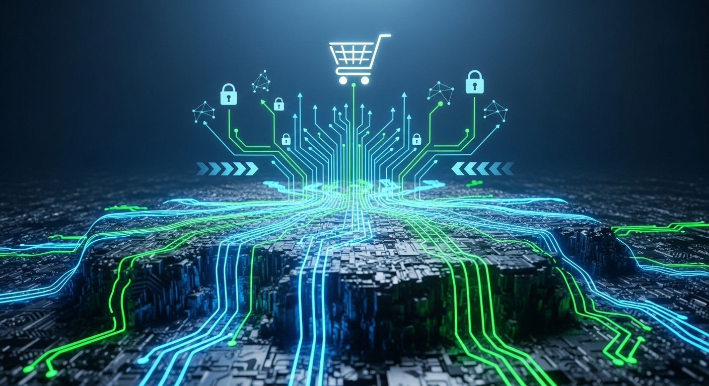 Conceptual image showing a strong digital foundation or bedrock for a website, with elements suggesting speed, reliability, and security for an e-commerce store, glowing lines representing data flow, in a modern, abstract style.