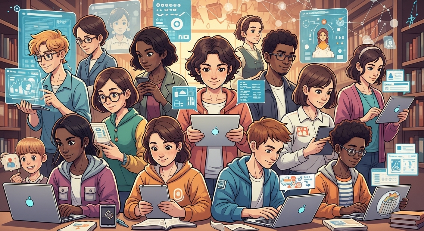 A vibrant, illustrative image showing a diverse group of young people, including those from various backgrounds, actively engaging with digital technologies like laptops, tablets, and smartphones. The background should subtly blend elements of traditional learning with futuristic digital interfaces, symbolizing the evolution of education and the integration of technology into daily life and work. Focus on a sense of empowerment and learning.