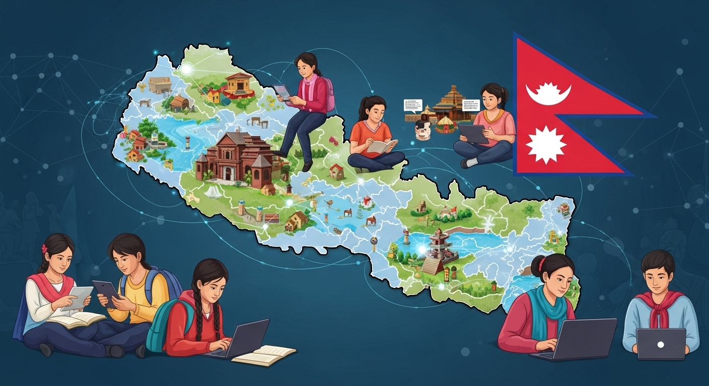 An illustrative image focusing on Nepal's digital transformation journey. It should depict a map of Nepal with subtle digital network lines connecting various regions, symbolizing both existing infrastructure and areas needing development. Show diverse young Nepali individuals (girls and boys, urban and rural) actively using digital devices, some learning, some collaborating. Integrate elements that represent the 'digital divide' such as a contrast between modern tech and traditional settings, and the aspiration of bridging this gap for national prosperity.