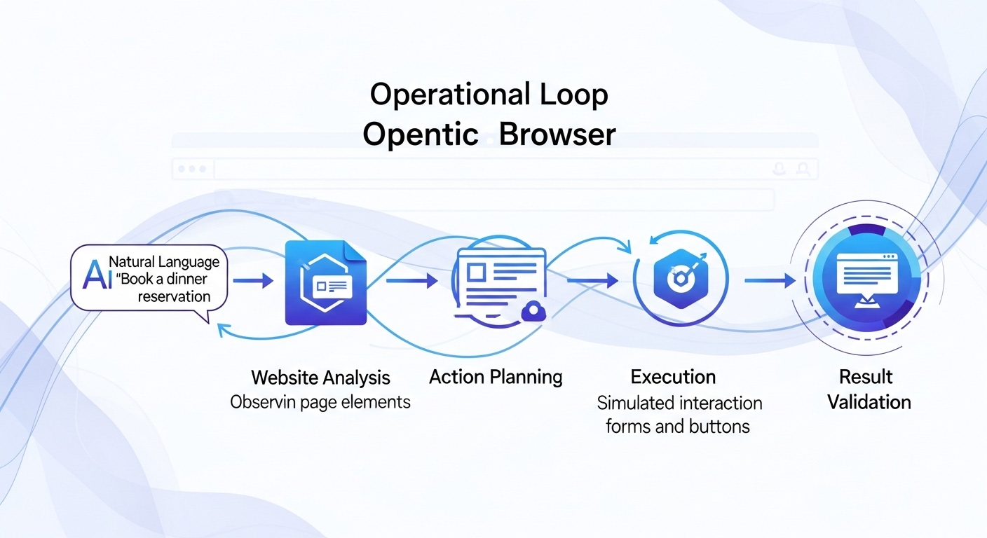 A clear, conceptual diagram visualizing the operational loop of an agentic browser. Illustrate the progression from a natural language user request (e.g., 'Book a dinner reservation') through stages: Intent Interpretation, Website Analysis (observing web page elements), Action Planning, Execution (simulated interaction with forms and buttons), and Result Validation. Use distinct graphic elements, arrows, and flowing lines to show the adaptive, continuous cycle of the AI agent, set against a subtle, digital web interface background. Abstract, high-tech, clean design, featuring a blue and purple color palette.
