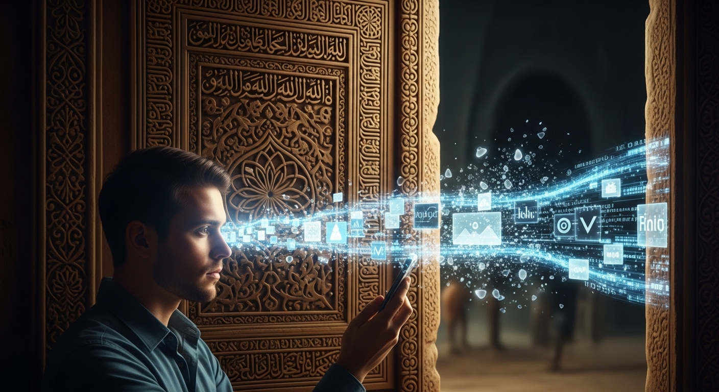 AI Hallucinations: Why Domain Knowledge Is Non-Negotiable 1 An allegorical illustration depicting a person at a metaphorical 'door,' carefully examining a stream of flowing digital information, with some parts dissipating into glowing fragments (hallucinations) and others solidifying as verified facts. The doorframe subtly incorporates elements of ancient wisdom or Arabic script, symbolizing foundational knowledge. Soft, intellectual lighting.