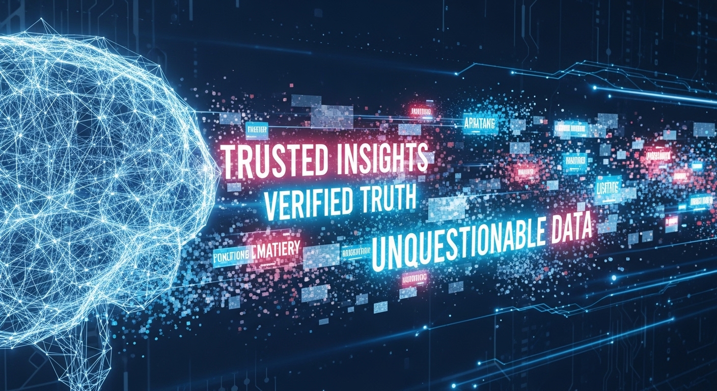 AI Hallucinations: Why Domain Knowledge Is Non-Negotiable 2 A stylized illustration depicting a stream of flowing digital data and text, emanating from an abstract AI brain or network. Within the stream, some data blocks are visibly fractured, contradictory, or dissolving into pixel dust, yet they are presented with an overlay of confident, authoritative glowing text. The background is a subtle, cool-toned digital environment.