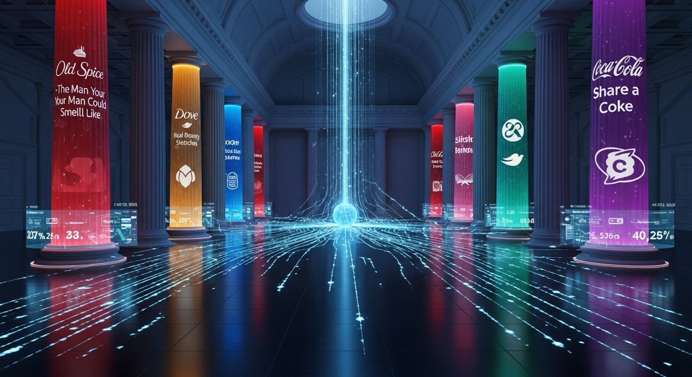 A futuristic digital 'Pantheon' with glowing pillars, each representing a famous digital marketing campaign (e.g., Old Spice, Dove, Coca-Cola), radiating influence and strategic innovation, in a clean, high-tech aesthetic.