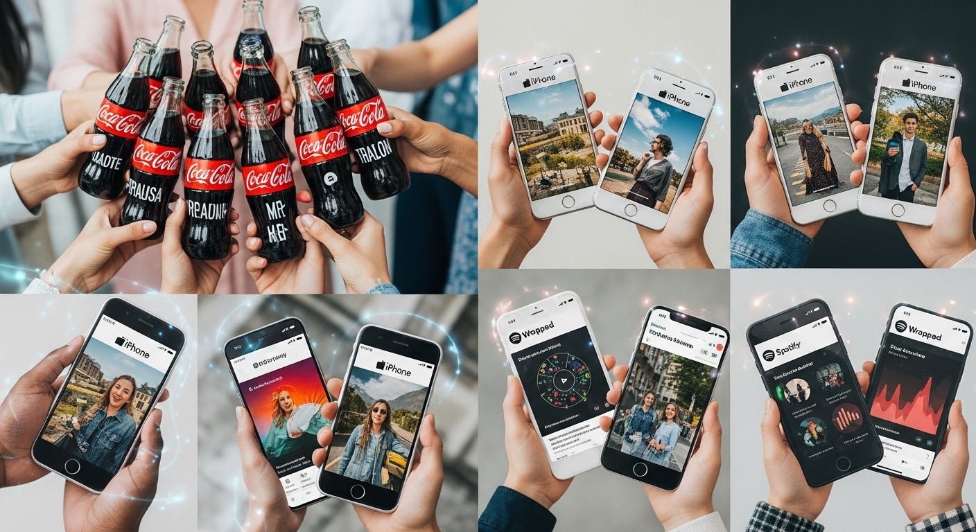 A vibrant collage representing user-generated content and personalization in digital marketing. Include elements like personalized Coca-Cola bottles being shared, diverse hands holding smartphones displaying stunning 'Shot on iPhone' photos, and stylized Spotify Wrapped year-end summaries being viewed and shared. The overall aesthetic should be dynamic, interconnected, and showcase a global community interacting with brands through personal content, with subtle digital glow effects connecting the elements.