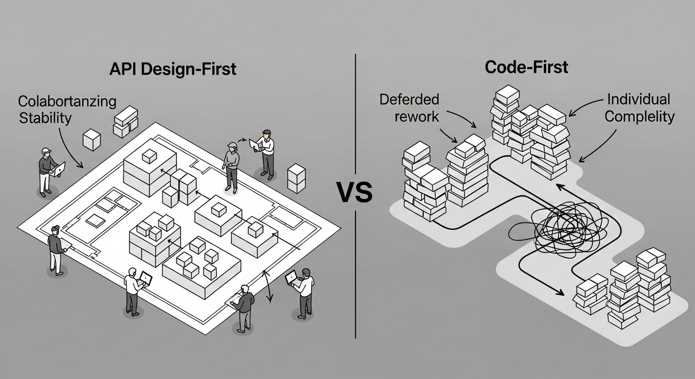 A modern, technical illustration comparing two paths: 'API Design-First' depicted as a structured blueprint with clear, interconnected blocks and collaborating teams, emphasizing upfront planning and stability; contrasting with 'Code-First' shown as rapid, individual coding with a less structured, potentially tangled network of components, hinting at quick implementation but possible rework. The image should visually highlight the trade-offs of initial investment versus deferred complexity, possibly using a visual metaphor of building blocks or a timeline.
