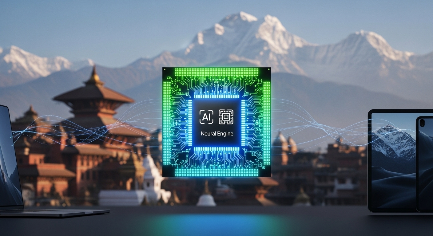 Apple M5 Chip Nepal Pricing: MacBook Pro & iPad Pro Details 1 A futuristic and glowing Apple M5 chip design, with digital circuitry flowing, superimposed against a subtle backdrop of Kathmandu's cityscape or the Himalayan mountains. Include silhouettes of a MacBook Pro and iPad Pro to represent devices, emphasizing advanced AI and processing power.