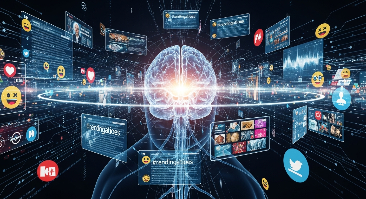 An abstract, futuristic image depicting a human brain interconnected with multiple glowing digital screens and social media feeds, symbolizing the scarcity of human attention amidst an abundance of digital content. The style should be modern, strategic, and high-tech, with elements of data streams and subtle motion to convey constant scrolling.