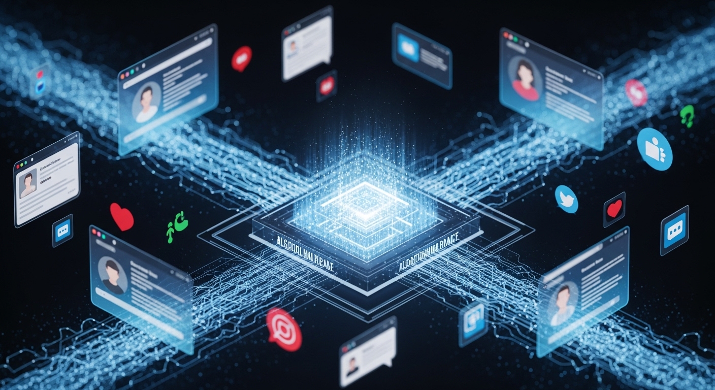 Attention Economy: Digital Content Strategies & Engagement 2 A conceptual, futuristic image depicting social media platforms as sophisticated engines for collecting and monetizing human attention. Show abstract representations of user engagement (scrolling, liking, sharing) as energy or data streams flowing from diverse digital interfaces into a central, glowing algorithmic core. The core should subtly suggest an intricate marketplace or data processing hub. The overall aesthetic should be clean, high-tech, and emphasize the strategic harvesting of user focus for economic gain.