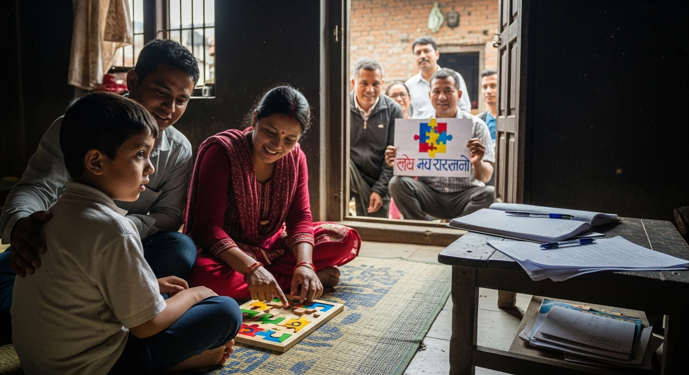 A hopeful and authentic image of a Nepali family interacting with their autistic child, subtly incorporating elements of community support, awareness symbols, and the challenge of data collection in Nepal. Realistic, documentary photography style.