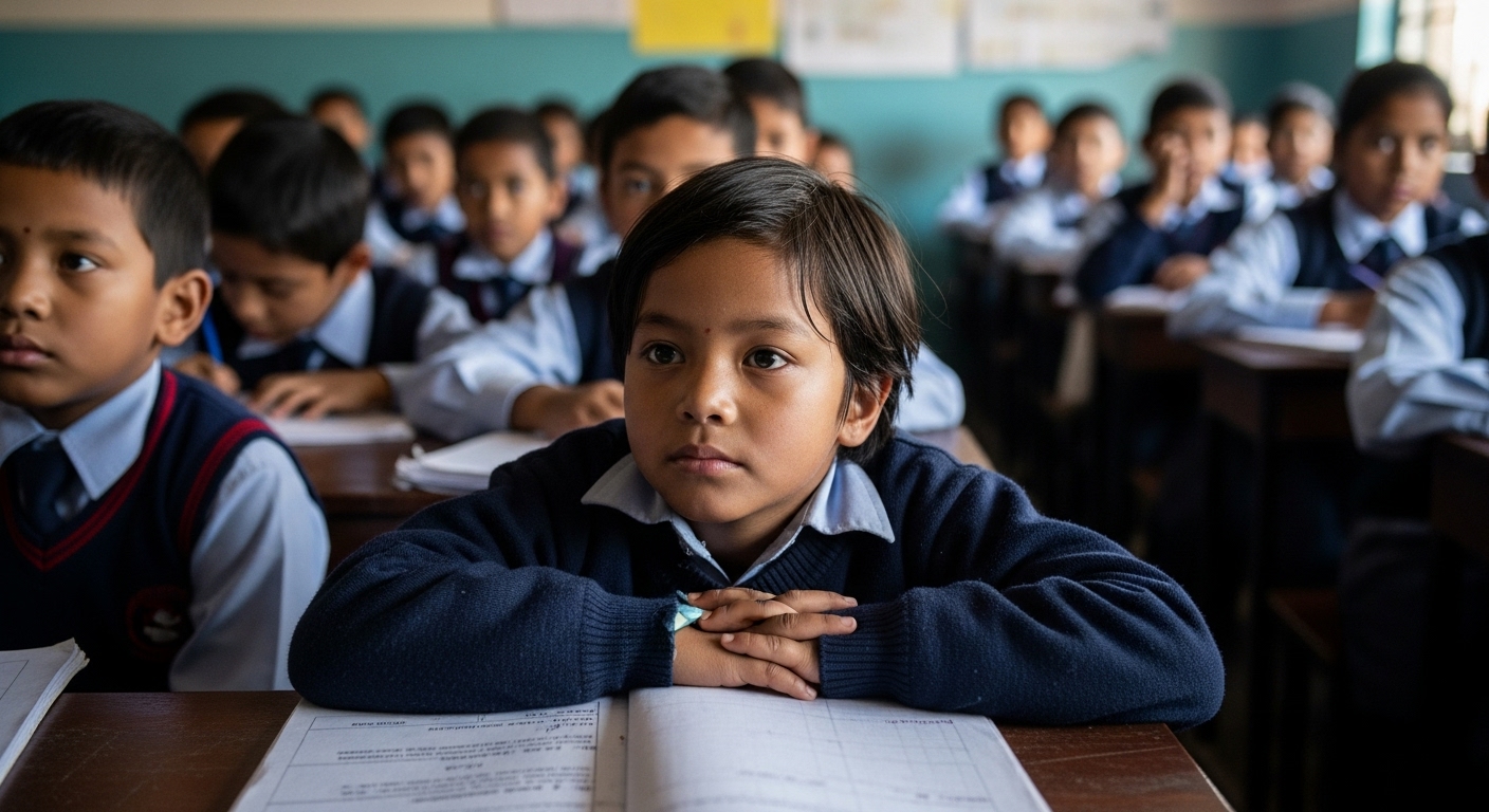 An authentic and poignant image depicting a young autistic Nepali child in a public school classroom, subtly isolated or struggling to engage in a typical, crowded learning environment. The image should convey the challenges of educational exclusion, highlighting a lack of specialized support or resources in the classroom. Focus on the child's perspective, with a hint of their unique way of processing the world. Realistic, documentary photography style, capturing the emotional impact of unmet inclusive education goals in Nepal.
