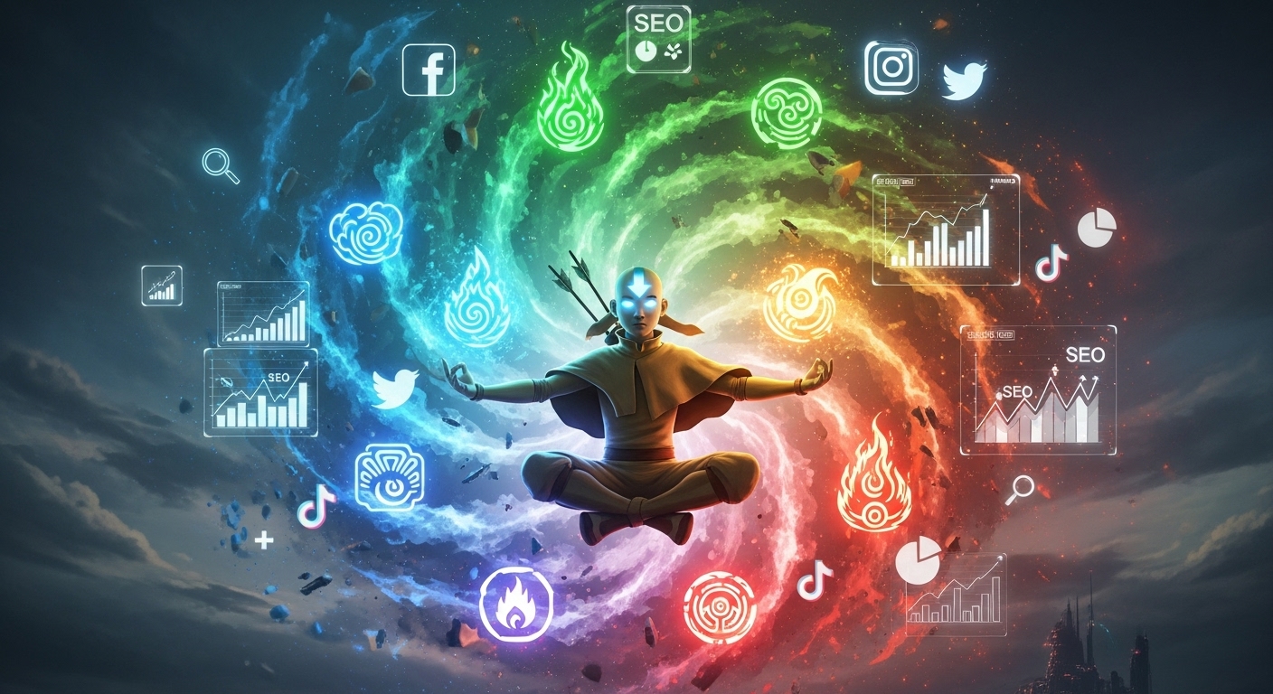 Avatar Aang in the Avatar State, meditating in a dynamic stance, surrounded by glowing elemental symbols (water, earth, fire, air) and modern digital marketing icons (social media, analytics dashboards, SEO graphs). The image should convey balance, strategy, and power, blending the fantasy world of Avatar with contemporary tech, vibrant colors, epic, cinematic.