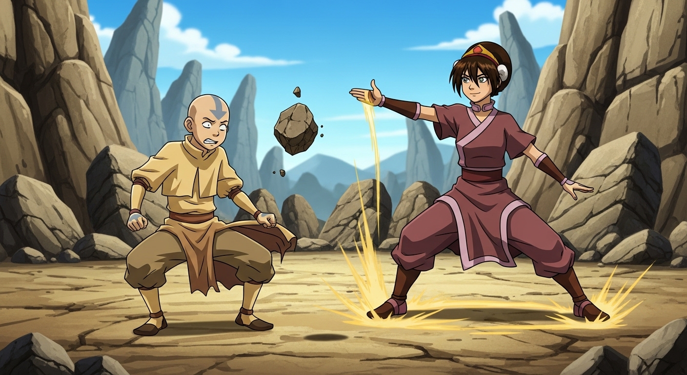 Avatar Aang reluctantly trying to earthbend, looking frustrated or off-balance, while a stoic and powerful Toph Beifong demonstrates a grounded earthbending stance. The scene should convey the fundamental clash between Aang's airbender philosophy and earthbending's rooted nature, set in a rocky training arena. Animated style, vibrant colors, dynamic action.