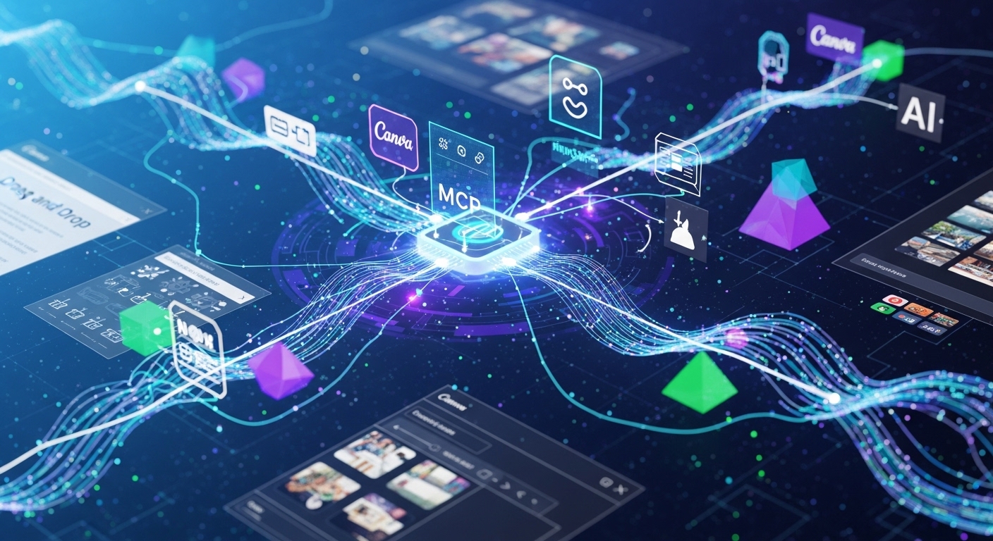 Futuristic digital canvas with elements of Canva's design interface merging with abstract representations of AI algorithms and data flows. Show glowing lines connecting different digital tools, symbolizing the Model Context Protocol (MCP) as a universal adapter. Incorporate subtle branding of Canva and AI concepts, in a clean, sophisticated style.