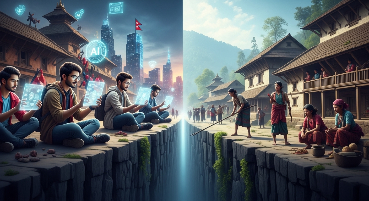ChatGPT Nepal: AI Adoption, Impact, & Digital Divide Analysis 2 A striking visual representation of the digital divide in Nepal. On one side, a vibrant, modern cityscape with young, tech-savvy Nepali individuals actively using AI tools on glowing screens, symbolizing connectivity and progress. On the other side, a serene, traditional Nepali rural village scene with individuals engaged in manual labor, subtly showing a lack of modern technology or internet access. A clear, metaphorical barrier or chasm between the two scenes, emphasizing the inequality in access to AI and digital opportunities. Incorporate traditional Nepali architecture, clothing, and natural landscapes. Dynamic lighting and a thought-provoking composition.