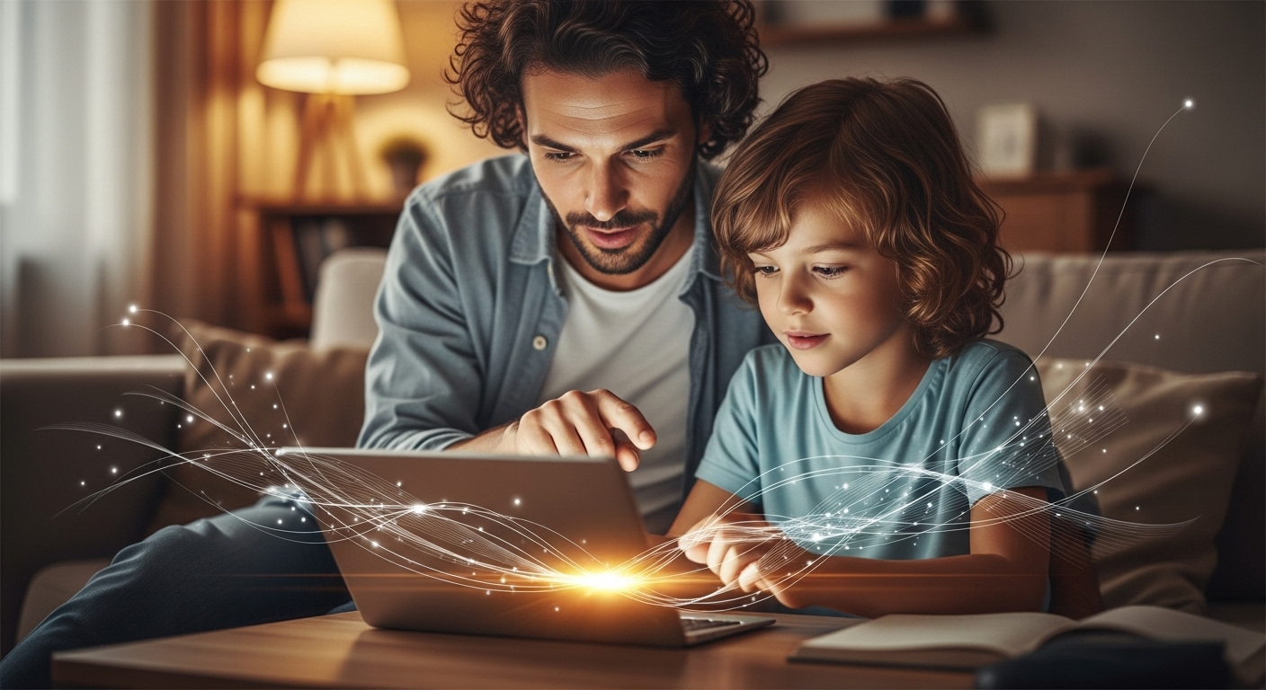 Child Safe Internet & Devices: The Modern Digital Parent Guide 1 A parent and child (around 8-12 years old) sitting together, both engaged with a tablet or laptop, with the parent gently guiding the child. The scene has a warm, inviting home atmosphere. Subtle, abstract digital elements or light rays emanate from the device, symbolizing connectivity, but with a faint, protective glow around the pair, suggesting safety and guidance. Emphasize connection and partnership in the digital world. Realistic, warm tones.
