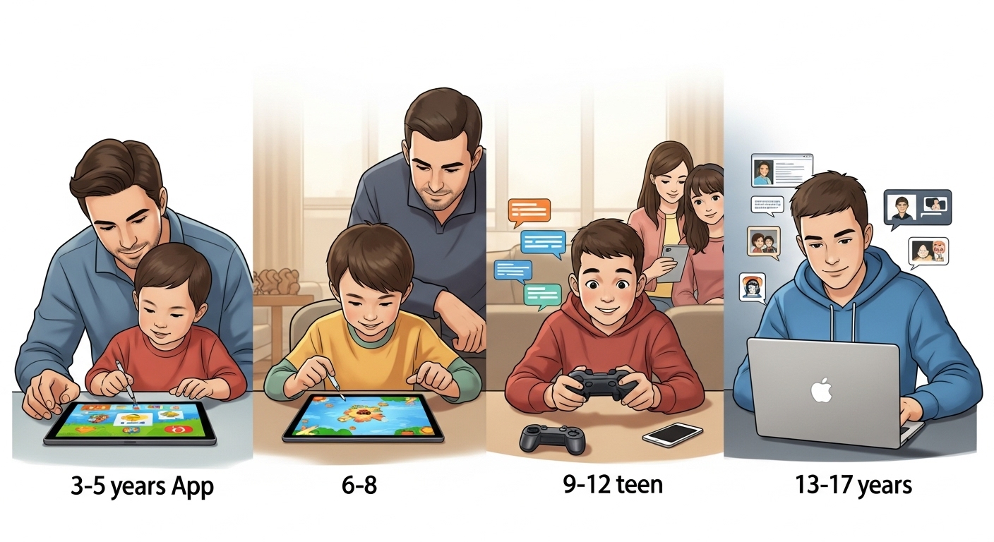 An illustration depicting a progression of digital device use across different age groups. On the left, a parent is gently co-viewing an educational app with a young child (3-5 years old) on a tablet. Moving to the right, a slightly older child (6-8 years old) is engaged in a creative game on a tablet, with a parent observing nearby. Further right, a pre-teen (9-12 years old) is collaboratively gaming or messaging friends, looking a bit more independent but still in a family setting. Finally, a teenager (13-17 years old) is using a laptop for social media or content creation, showing more autonomy but in a thoughtful, responsible manner. The image should convey themes of developmental appropriateness, evolving independence, and subtle, ongoing parental guidance within a warm, modern home environment. The style should be realistic but with a slightly illustrative, positive feel.