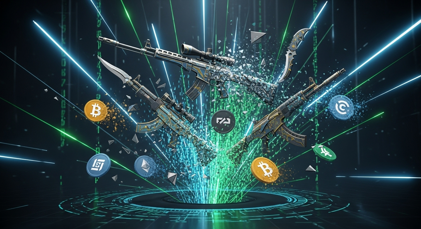 CS2 Economy Crash: Lessons for Digital Assets & Virtual Markets 1 A dramatic, stylized depiction of a virtual economy collapsing, with Counter-Strike 2 weapon skins and digital currency icons shattering and dissolving into lines of code. The image conveys chaos and value loss in a futuristic, digital setting, with a dark background and glowing digital elements.
