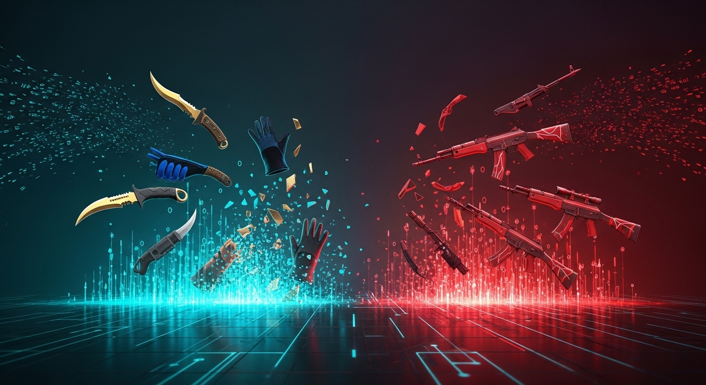 CS2 Economy Crash: Lessons for Digital Assets & Virtual Markets 2 An abstract, dramatic depiction of value inversion in a virtual economy. Show rare, gold-tier Counter-Strike 2 items (like knives and gloves) visibly shrinking or shattering, while common, red-tier items (weapon skins) are growing or ascending, symbolizing their sudden increase in value and utility as 'crafting fuel.' The scene should convey a rapid, chaotic shift in economic hierarchy, with elements of digital data or code flowing around, illustrating a policy-induced supply shock, in a futuristic, digital art style.
