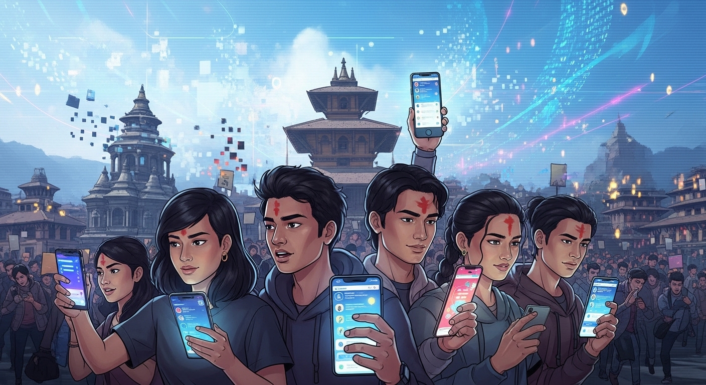 A digital art illustration showing Nepali Gen Z youth engaged in a vibrant but focused protest, holding smartphones with glowing social media feeds. In the background, Kathmandu's iconic architecture blends with abstract digital data streams and subtle hints of information warfare (e.g., fragmented pixels, glitch effects). The overall tone should be energetic and digitally charged, reflecting the impact of online activism and manipulation.