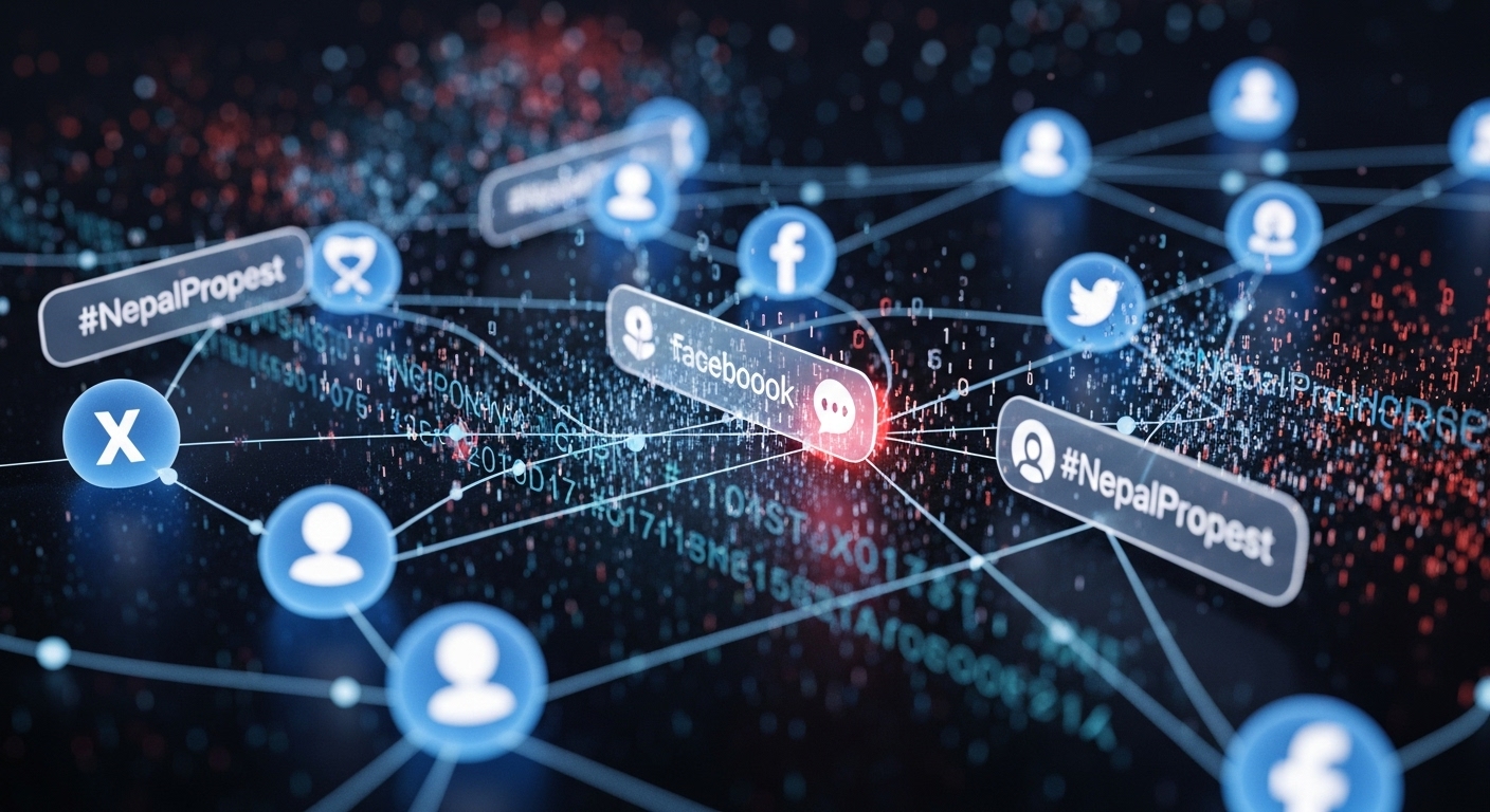 A visually complex and abstract digital art illustration depicting the 'ghost in the machine' of information warfare. Show a network of glowing, interconnected nodes representing social media profiles (X, Facebook, TikTok), with some subtly morphing or blending into others to illustrate 'seamless integration' of inauthentic actors. Data streams and hashtags like #NepalProtest should appear, with some fragments appearing corrupted or manipulated. Hint at AI-generated visuals and cross-platform coordination. The overall atmosphere should convey a sense of hidden manipulation and a 'violence accelerator' effect, with a subtle undertone of chaos or disruption.