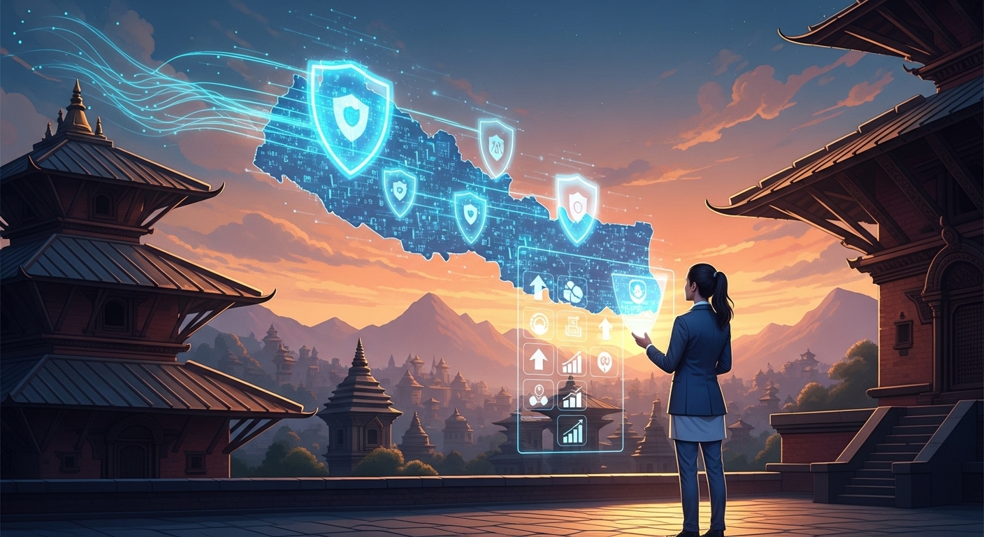 Cybersecurity Career Path in Nepal: 2025 Roadmap & Demand 1 A futuristic and secure digital landscape of Nepal at sunset, with holographic data streams and glowing security shields protecting a stylized map of Nepal. In the foreground, a young Nepali professional, dressed smartly, stands confidently, looking towards a holographic representation of a career roadmap with upward arrows and growth symbols. The scene should blend traditional Nepali architecture or motifs with advanced technology, emphasizing career growth, opportunity, and digital security in Nepal. High detail, vibrant colors, professional, aspirational.