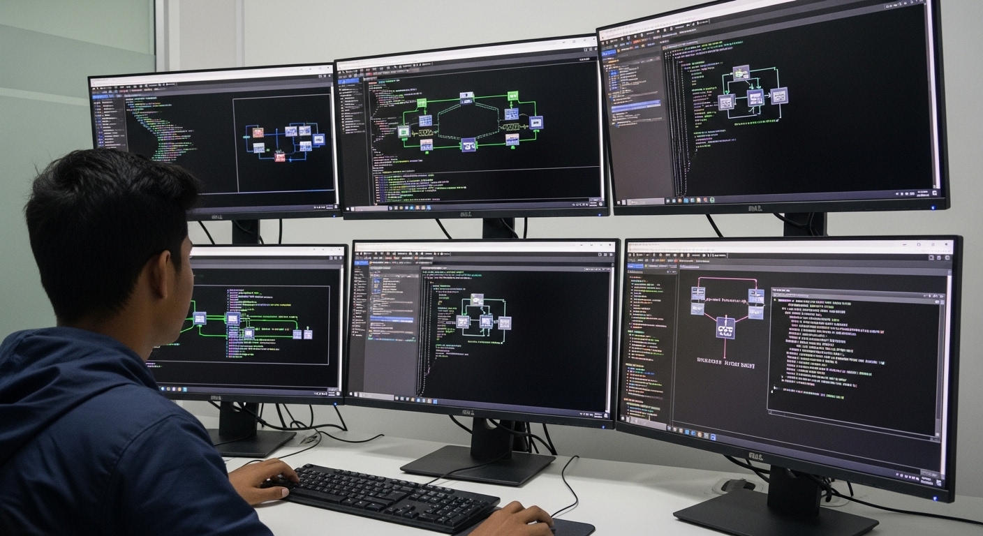 Cybersecurity Career Path in Nepal: 2025 Roadmap & Demand 2 A young Nepali cybersecurity student actively engaged in an ethical hacking lab, surrounded by multiple computer monitors displaying complex code, network diagrams, and terminal windows with visible commands from Kali Linux, Metasploit, or Wireshark. The setting should be a modern, well-lit training room, emphasizing hands-on learning and practical skill development in cybersecurity. Dynamic and focused atmosphere, reflecting the intensity of offensive security training.