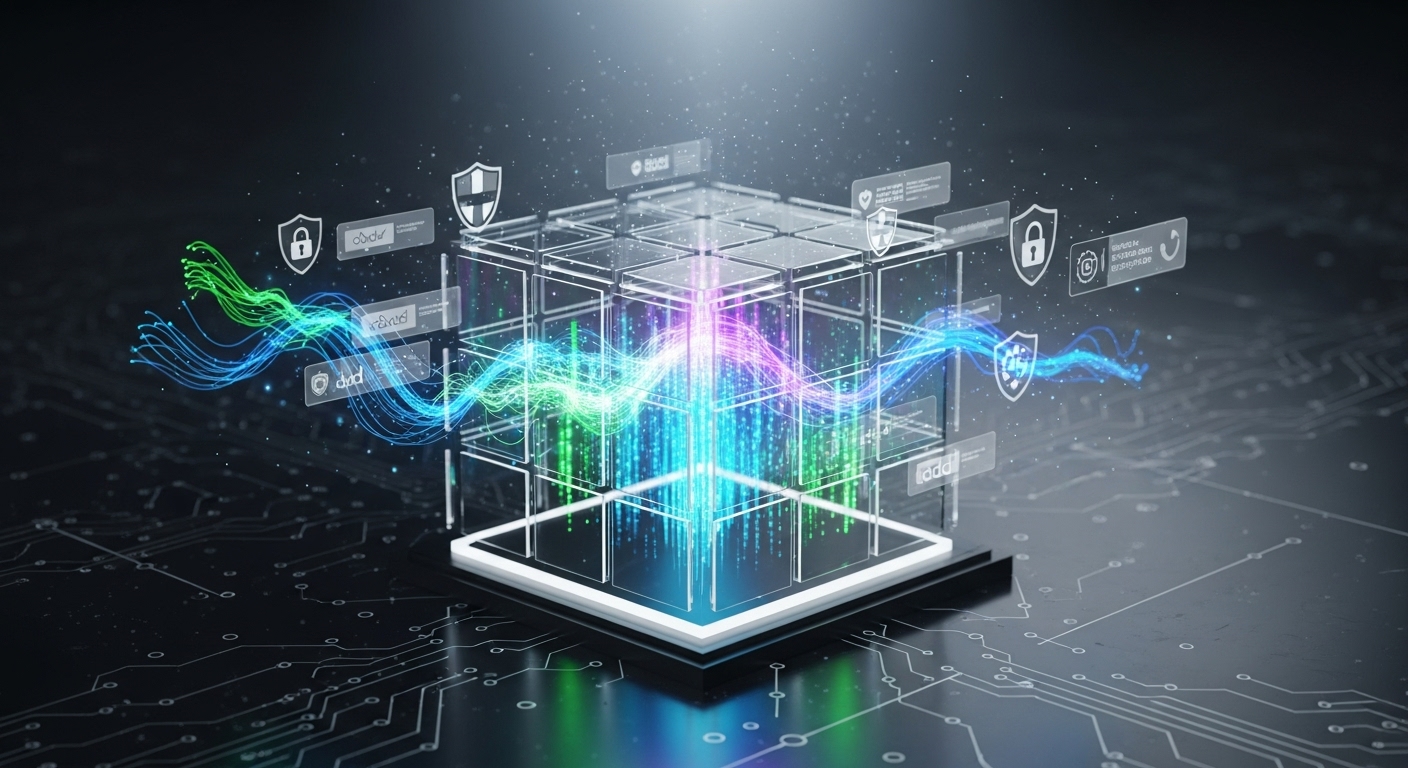 Data Clean Rooms: Future of Privacy-First Digital Advertising 1 A conceptual image illustrating a data clean room, with glowing abstract data streams securely contained within a transparent, futuristic digital cube. Elements of digital advertising interfaces and privacy shields are intertwined, representing secure data collaboration in a post-cookie landscape, vibrant, high-tech.