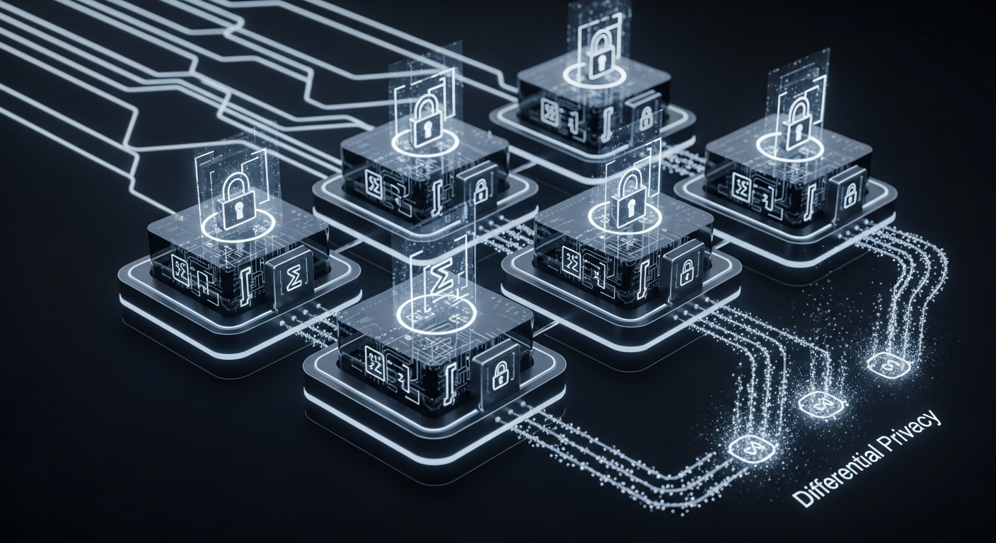 Data Clean Rooms: Future of Privacy-First Digital Advertising 2 A conceptual illustration of Privacy-Enhancing Technologies (PETs) at work. Visualize data streams flowing into secure, isolated digital processing units (representing TEEs), with cryptographic locks and abstract mathematical symbols (for SMPC) ensuring privacy. Subtle, sparkling noise (for Differential Privacy) is visible around aggregated data outputs. The scene conveys complex, secure data collaboration, emphasizing protection and anonymity. High-tech, abstract, clean digital art style.