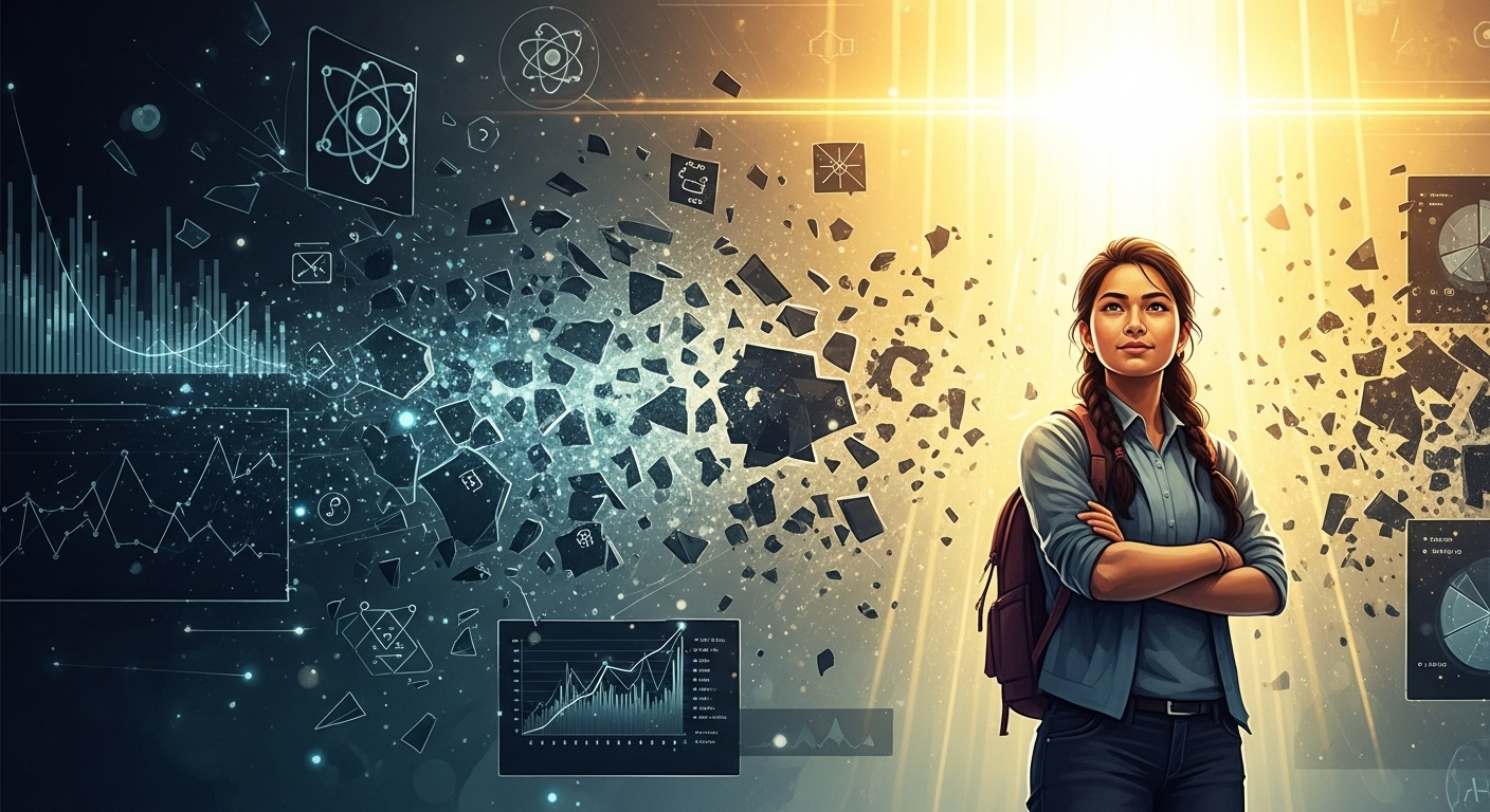 A vibrant, determined Nepali student stands proudly against a backdrop of data charts and scientific symbols being shattered, representing the debunking of a false claim. Emphasize light, truth, and resilience over dark, misleading statistics. Scientific, optimistic, digital art.