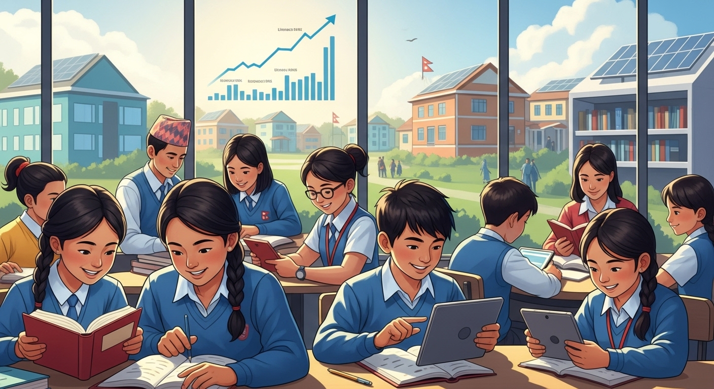 A bright, optimistic digital illustration showing the transformation of education in Nepal. Feature diverse Nepali children and young adults happily learning in modern classrooms, some holding books, others using tablets. Behind them, subtle representations of growing infrastructure like schools and libraries, and charts showing increasing literacy rates. Emphasize progress, knowledge, and accessibility.