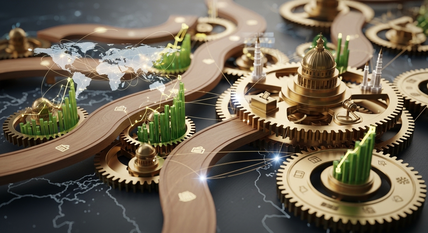 A conceptual image depicting a network of interconnected pathways or gears, symbolizing the intricate relationship between democracy, economic development, and governance. Include subtle visual cues like a global map, growth charts, and elements representing political structures. The overall tone should be insightful and analytical, with a focus on interconnectedness and global impact.