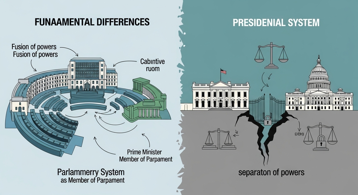 A conceptual infographic or split image illustrating the fundamental differences between parliamentary and presidential systems. On the left, depict a parliamentary system with a seamless flow or interconnected components between the legislative and executive branches, symbolizing 'fusion of powers' and efficient governance. Perhaps a Parliament building with an integrated cabinet room. On the right, depict a presidential system with distinct, separated buildings for the executive and legislative branches, emphasizing 'separation of powers' and potential for gridlock, with a visible structural divide between them. Use neutral, architectural, or symbolic elements. Focus on stability, accountability, and consensus for parliamentary, versus independence and potential conflict for presidential. The color palette should be professional and informative.