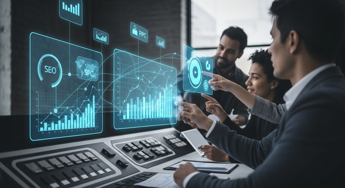 A visually striking image depicting digital marketing strategy and excellence. Envision a futuristic control panel with holographic charts and graphs, representing integrated marketing channels (SEO, PPC, social media). A diverse team collaborates, pointing at data projections, symbolizing strategic analysis and innovation. Dynamic lines connect various digital elements, conveying seamless integration. The overall mood is sophisticated, insightful, and forward-thinking, capturing the essence of landmark case studies and future trends in digital marketing.