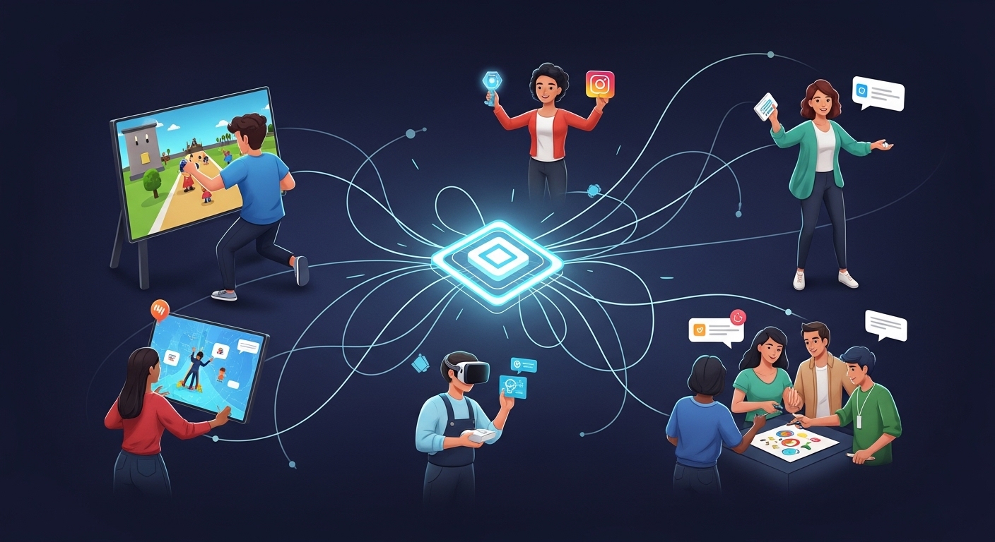 A vibrant, conceptual image illustrating modern digital marketing as an interactive platform. Show diverse people actively engaging with brands through various digital touchpoints: one person playing a game on a screen (like Roblox), another participating in a social media challenge, someone else exploring an augmented reality experience, and a group collaborating on a creative project. The scene should convey a sense of active participation, co-creation, and community, with dynamic lines or threads connecting the users to an overarching brand 'platform' represented by a glowing, integrated hub. The aesthetic is modern, digital, and collaborative, with elements hinting at gaming, social media, and experiential marketing.