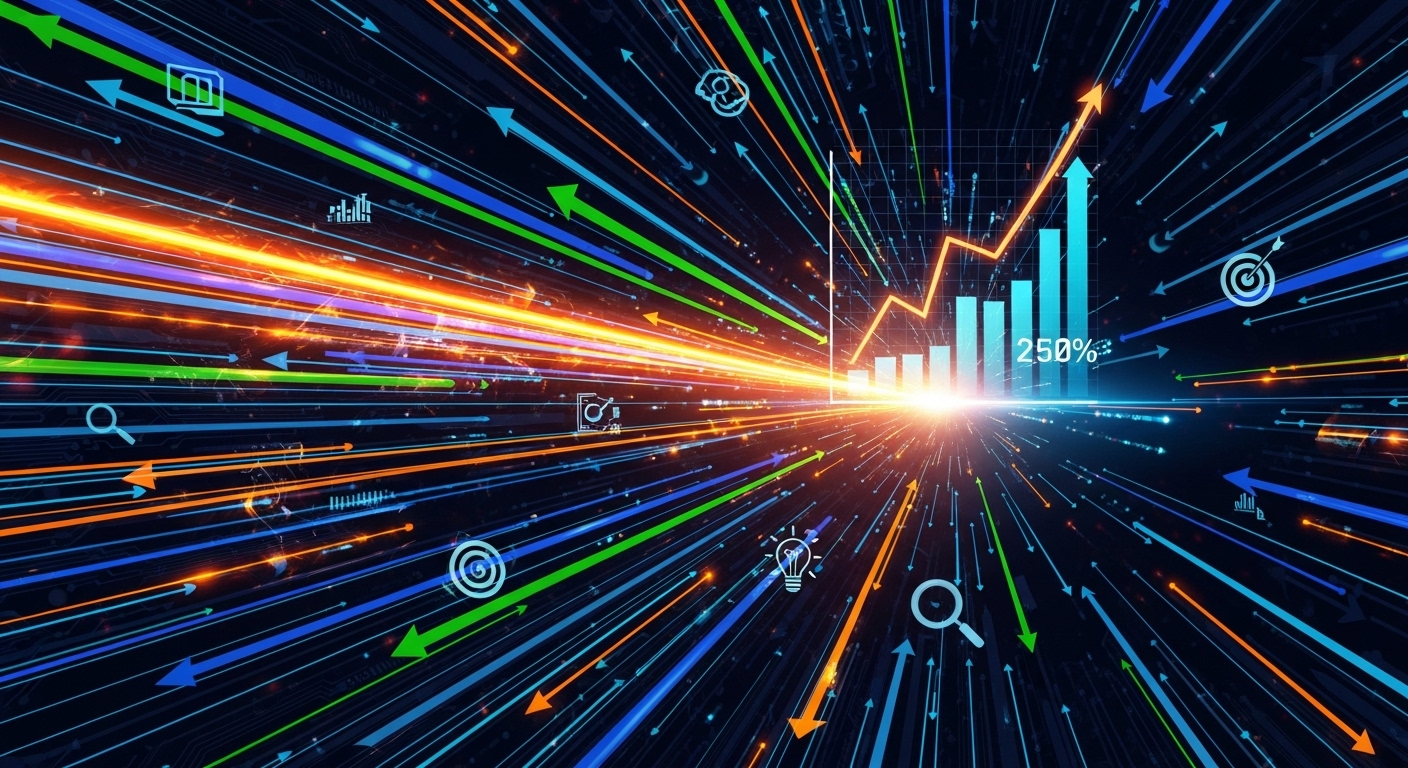 A visually dynamic and modern abstract image symbolizing digital marketing experiment velocity. Show data streams, graphs, and a sense of rapid, directed motion, possibly with glowing lines or arrows, converging towards a clear growth metric. Use a vibrant color palette, reflecting innovation and progress in a digital landscape.